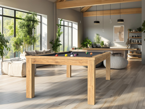 billard-TRENDY – chêne doré veiné, tapis gris ardoise. Ambiance naturelle , intérieurs scandinaves et lumineux.