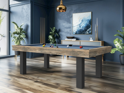 billard-FEELING BI – cadre chêne oldtimer, pieds nano gris, tapis bleu poudre. Un billard contemporain , salon élégant bleu