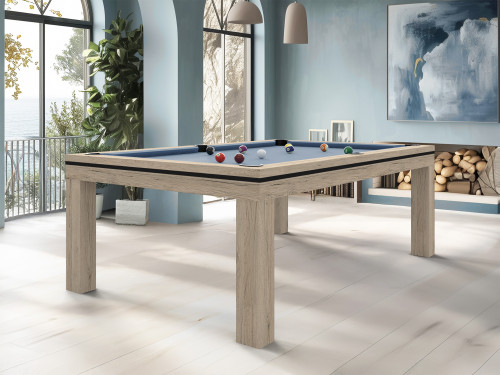 billard-NOVEA – chêne éclaircie veiné, tapis bleu poudre,  billard contemporain, intérieur méditerranéen et des tons bleus