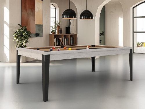 Billard FACTORY en chêne blanchi veiné avec tapis taupe et pieds noir, style moderne avec arches arrondies et suspensions noires