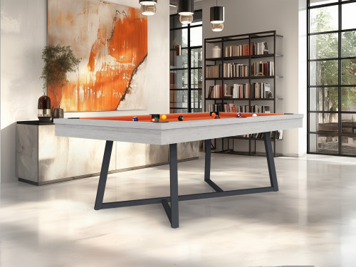 Billard ALTEA – chêne blanchi veiné avec tapis orange et pieds gris ardoise, design, salon moderne avec bibliothèque murale