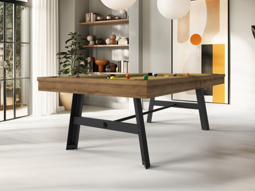 Billard VINTAGE en chêne vintage avec tapis gold et pieds noirs,  décor géométrique aux tons ocre et orange