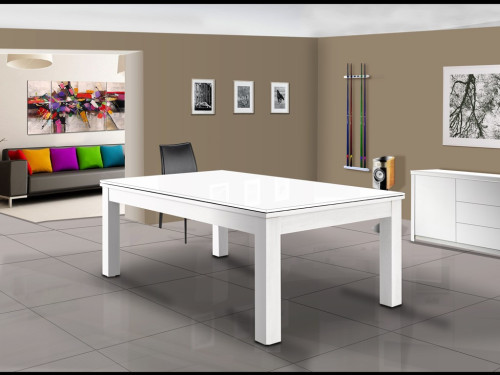 Billard moderne blanc brillant TRENDY convertible en table de salle à manger. Buffet TRENDY assorti