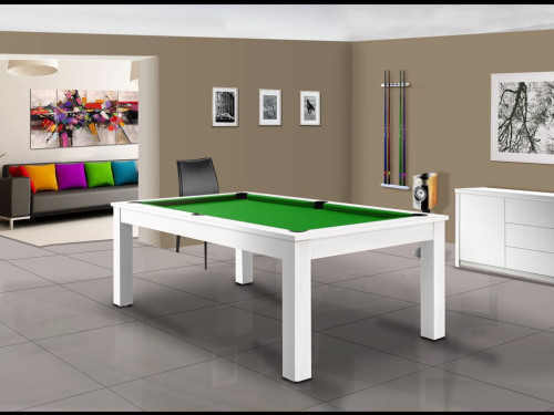 Billard TRENDY américain ou pool, au design moderne blanc polaire brillant et tapis vert pomme