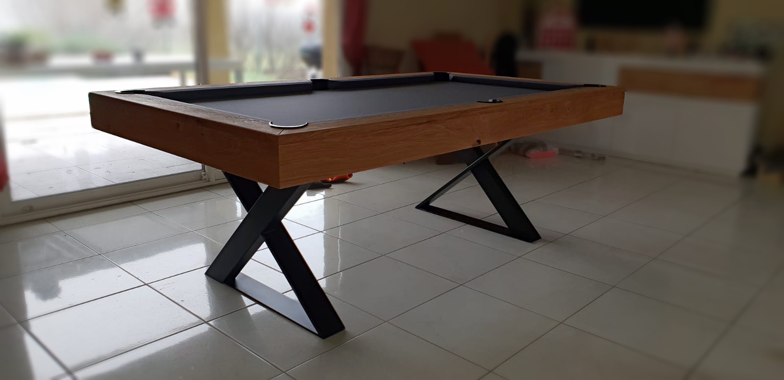 billard CROSS finition chêne brossé huilé tissu gris ardoise