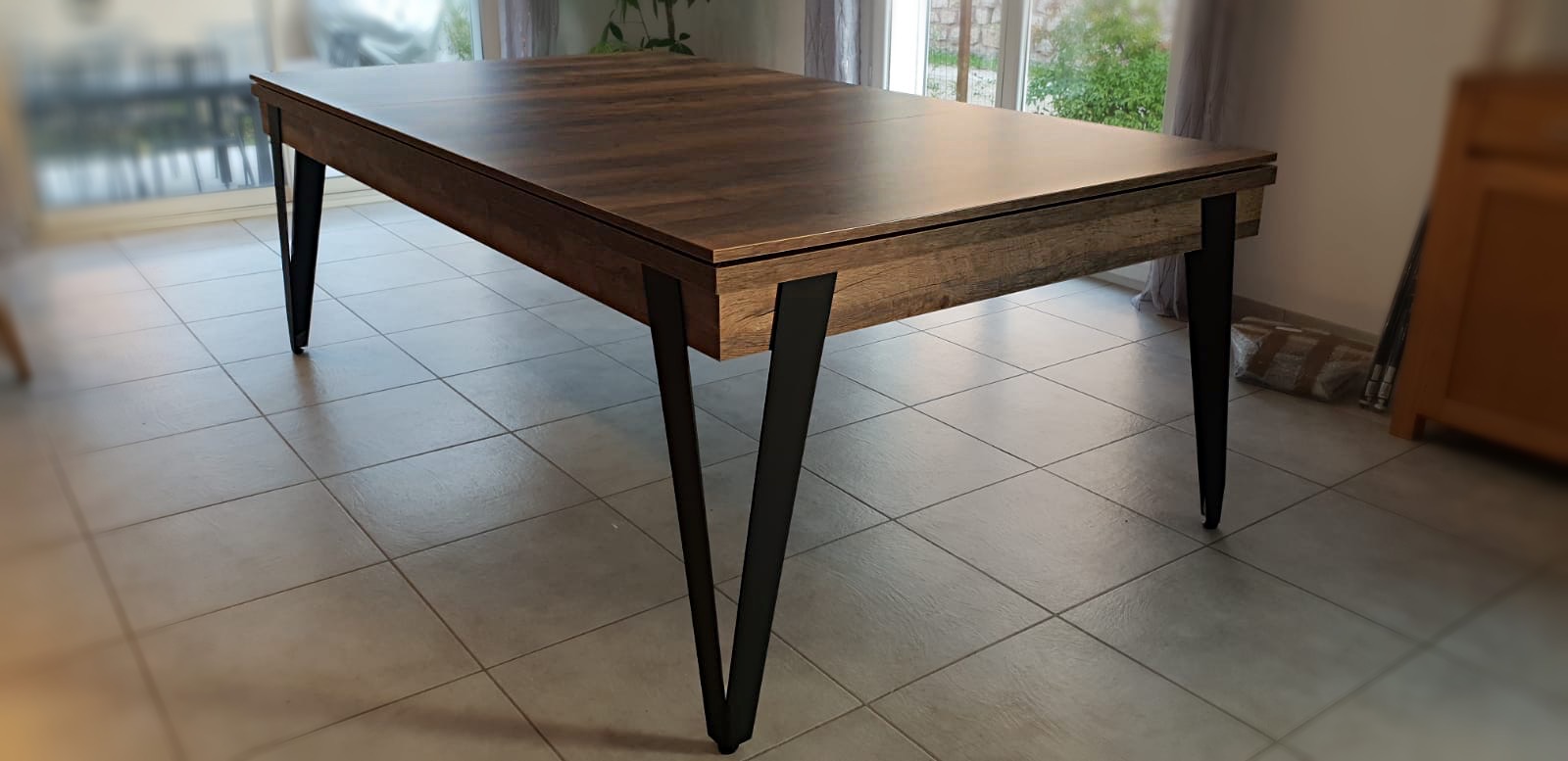 table chêne vintage transformable en billard pure aux pied noirs